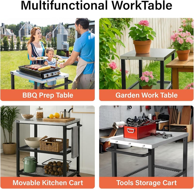 NUUK Grill Cart 16" x 24" Dining Prep Table 3-Shelf Kitchen Worktable Rolling Outdoor Pizza Oven Carts with Stainless Steel Top for Outside BBQ Tables - Image 5